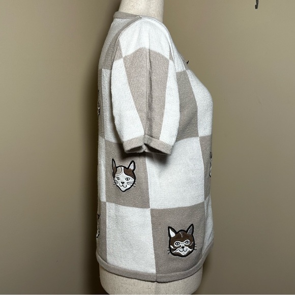 Christopher & Banks Cat Sweater Cardigan Beige White Checkered Short Sleeve - Picture 4 of 11